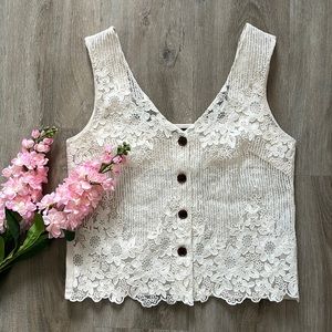 Zara Beige Linen Crop Top with Floral Embroidered Front, size Small